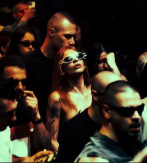 Flash-lit crowd at close range